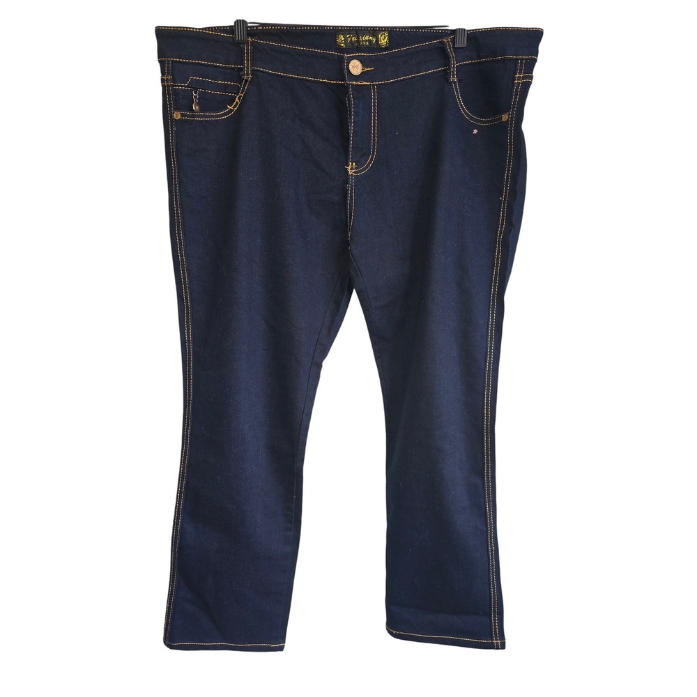 😀Fei Xiang Jeans Womens Dark Wash Contrast Stitch Straight Leg Denim Blue Pants